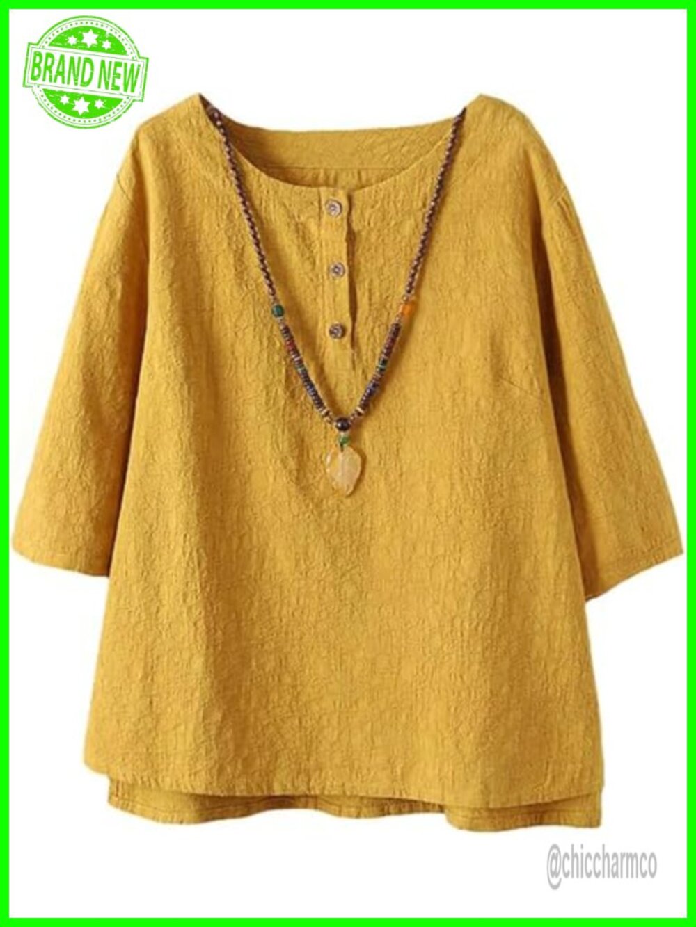 Women's 3/4 Sleeve Cotton Linen Jacquard Blouse Button Down Hi-Low Hem